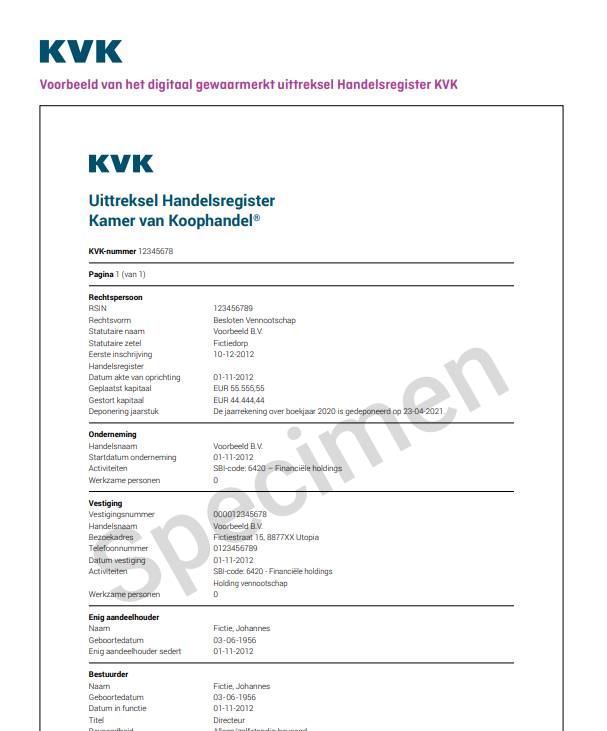 Voorbeeld uittreksel handelsregister KVK digitaal gewaarmerkt (gemaakt door KVK)